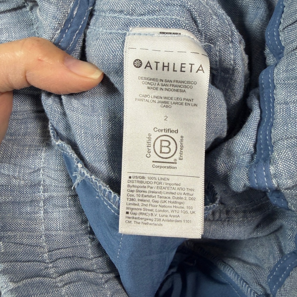 Athleta Cabo Linen Wide Leg Pants Womens 2 Blue Drawstring Pockets Travel Lounge - Picture 6 of 10
